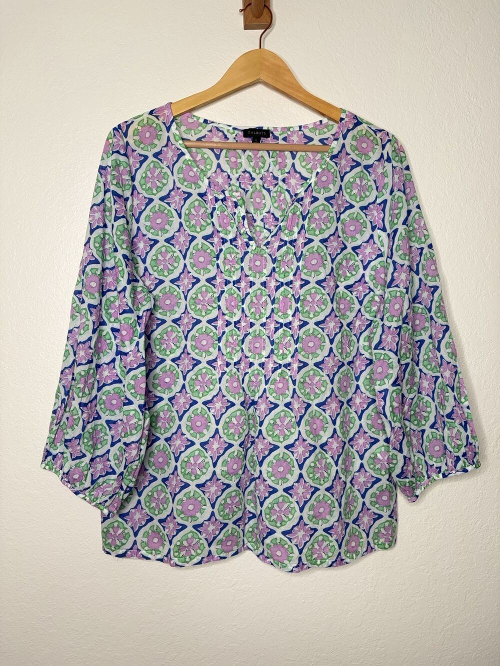 Talbots Cotton Medallion Print Split Neck Blouse Green Purple Geometric Print L